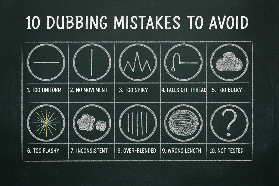 Blackboard diagram showing 10 common fly tying dubbing mistakes in a numbered grid — including too uniform, no movement, too spiky, falls off thread, too bulky, too flashy, inconsistent, wrong length, over-blended, and not tested.