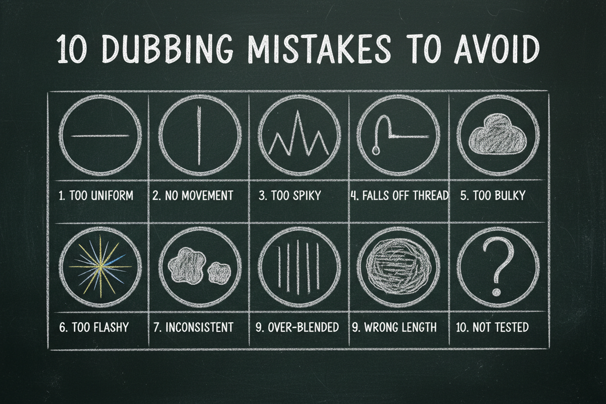 Blackboard diagram showing 10 common fly tying dubbing mistakes in a numbered grid — including too uniform, no movement, too spiky, falls off thread, too bulky, too flashy, inconsistent, wrong length, over-blended, and not tested.