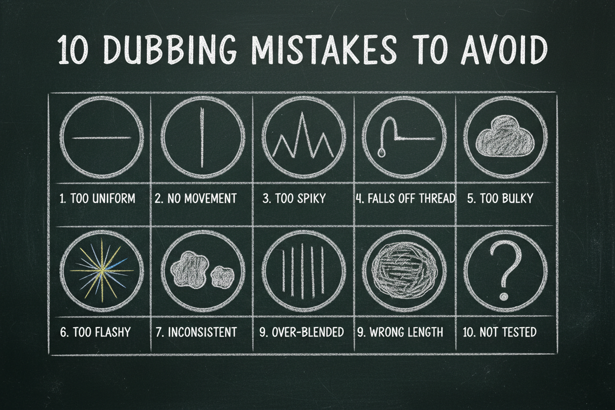 Blackboard diagram showing 10 common fly tying dubbing mistakes in a numbered grid — including too uniform, no movement, too spiky, falls off thread, too bulky, too flashy, inconsistent, wrong length, over-blended, and not tested.