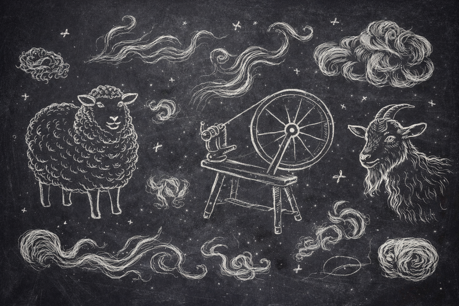 Chalkboard illustration featuring a sheep, a goat, a spinning wheel, and wisps and clouds of fiber, representing the journey from raw fiber to handspun yarn