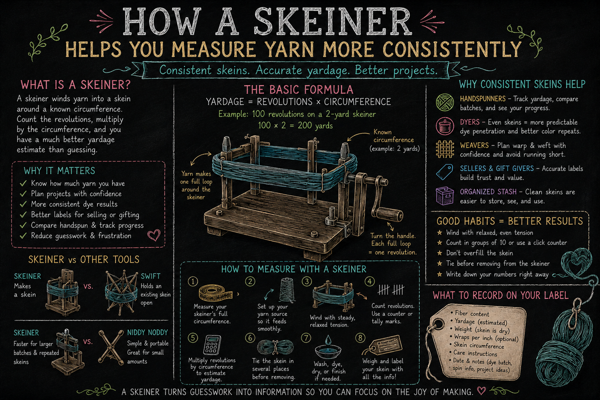 Chalkboard-style illustration of a yarn skeiner winding a measured skein, with notes about circumference, revolutions, yardage, dyeing, labeling, and consistent skein size.