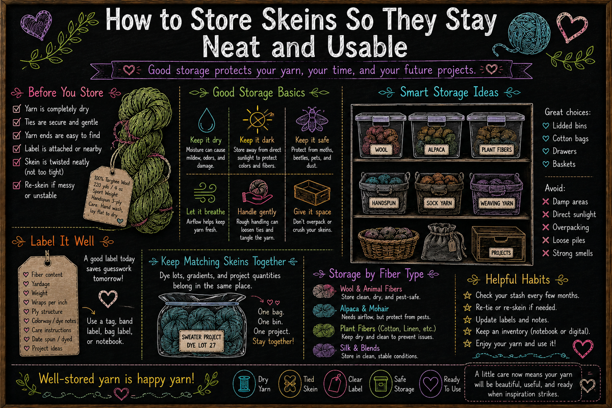 Chalkboard-style illustration showing neatly stored yarn skeins in labeled bins, with notes about keeping skeins dry, tied, labeled, pest-safe, and easy to use.