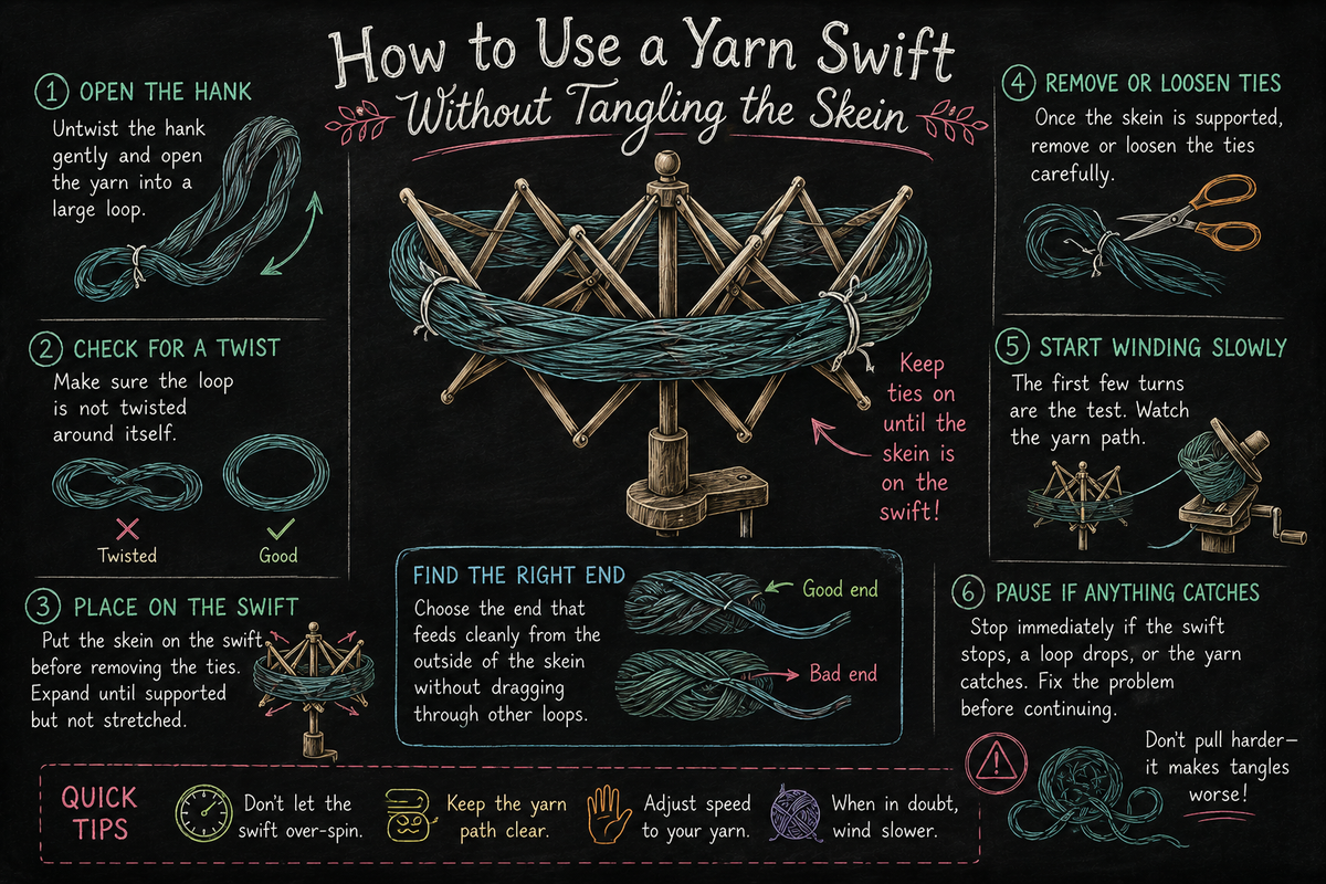 Chalkboard-style illustration showing a yarn swift holding an open skein, with notes about keeping ties in place, finding the right yarn end, and winding slowly to prevent tangles.