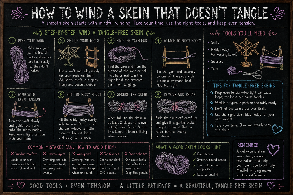 Chalkboard-style illustration showing steps for winding a tangle-free yarn skein, with notes on tension, figure-eight ties, skein support, and gentle handling.