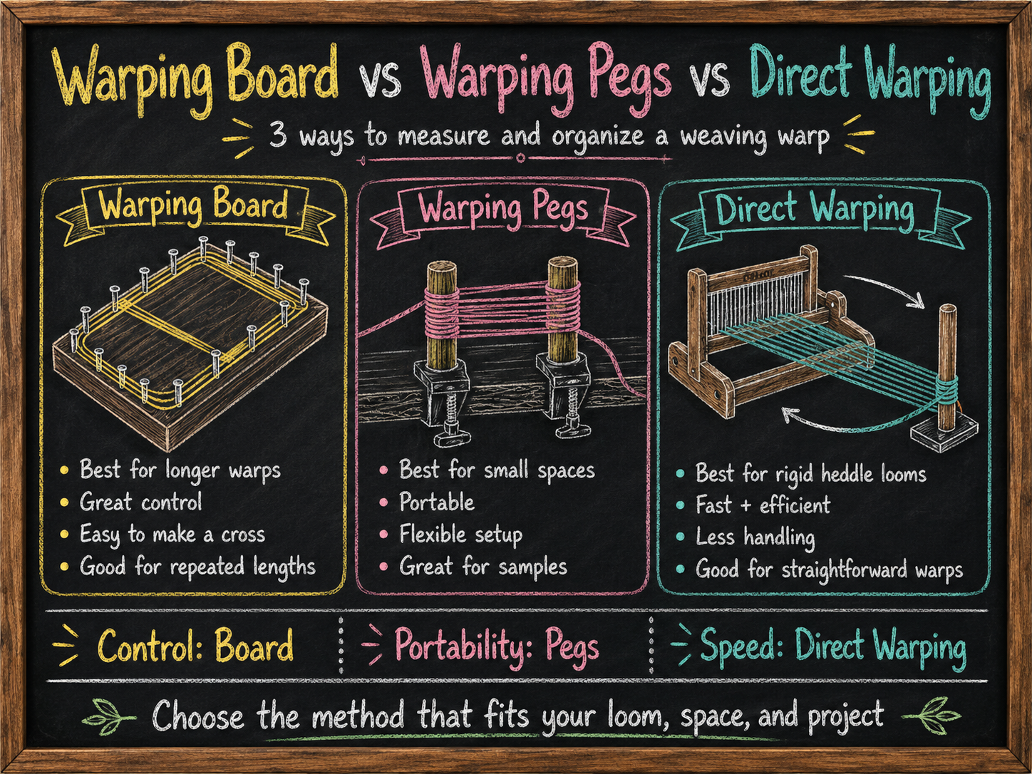 Chalkboard-style comparison of a warping board, warping pegs, and direct warping setup, showing how each method measures and organizes warp threads for weaving.