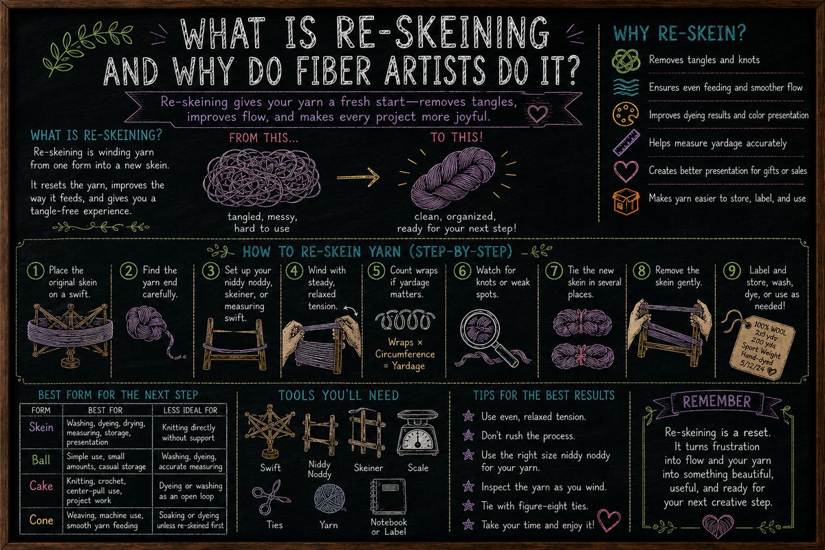 Chalkboard-style illustration showing yarn being re-skeined from a messy hank into a clean organized skein using a swift and skeining tool.