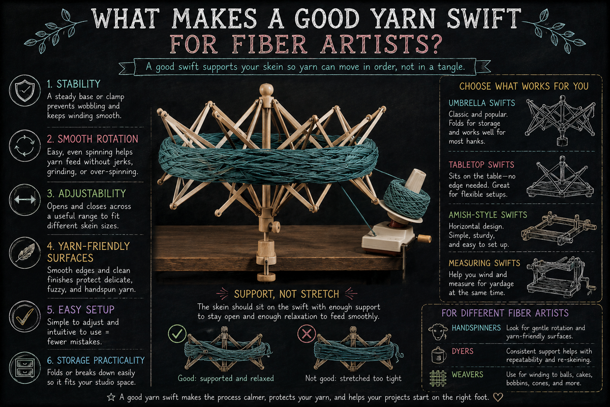 Chalkboard-style illustration of a yarn swift holding an open skein, with notes about stability, smooth rotation, adjustability, gentle skein support, and snag-free yarn handling.