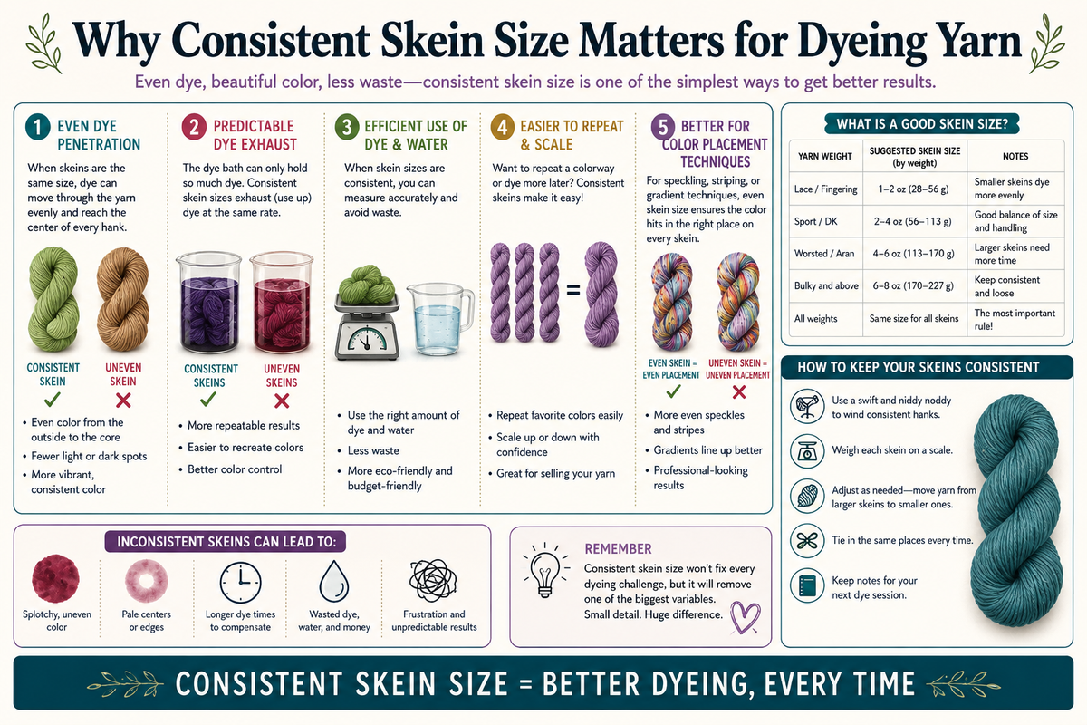 Chalkboard-style illustration showing consistent yarn skeins prepared for dyeing, with notes about skein size, ties, tension, dye flow, and color repeats.