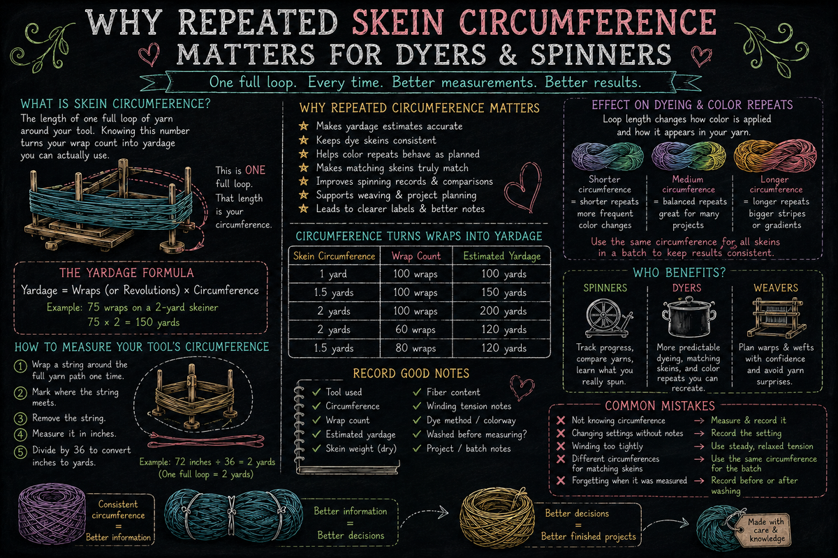Chalkboard-style illustration showing repeated skein circumference on a skeiner, with notes about wrap count, yardage, color repeats, dyeing, spinning, and weaving.