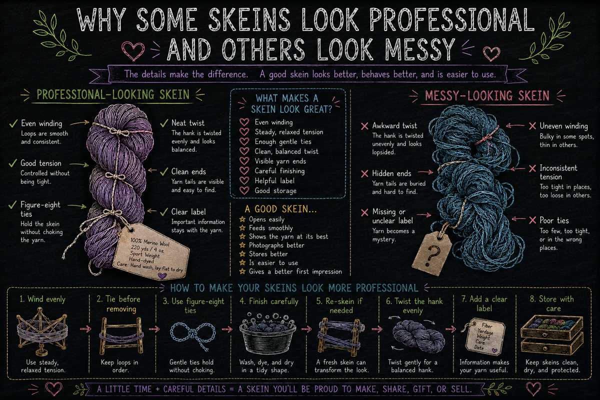 Chalkboard-style comparison of a neat professional yarn skein and a messy skein, showing winding tension, figure-eight ties, labels, and storage tips.