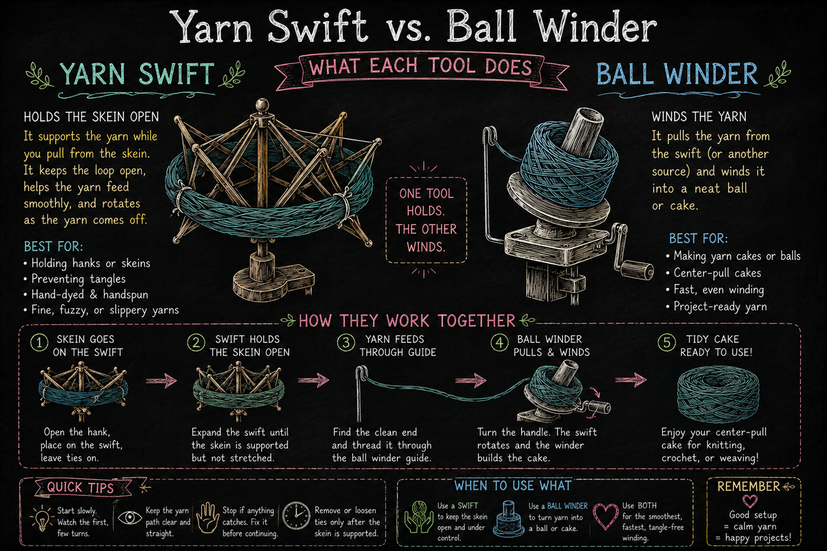 Chalkboard-style comparison of a yarn swift holding an open skein and a ball winder making a yarn cake, with arrows showing yarn moving smoothly from skein to cake.