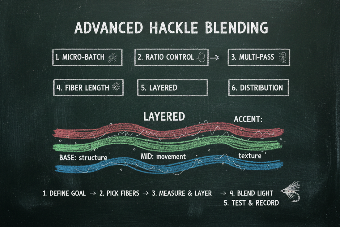 Blackboard diagram covering advanced fiber hackle blending techniques — six technique labels, a layered blending diagram showing base, mid, and accent fiber layers, and a five-step precision blending process.