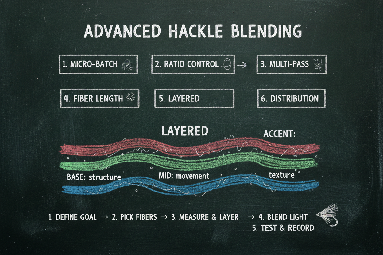 Blackboard diagram covering advanced fiber hackle blending techniques — six technique labels, a layered blending diagram showing base, mid, and accent fiber layers, and a five-step precision blending process.