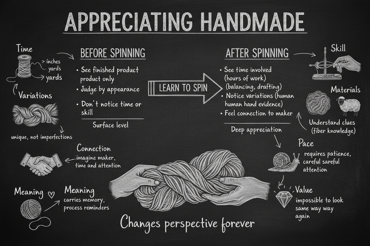 Blackboard diagram showing eight ways spinning deepens appreciation for handmade things — time involved, skill, small variations, materials, connection to maker, slowing down, meaning, and changed perspective