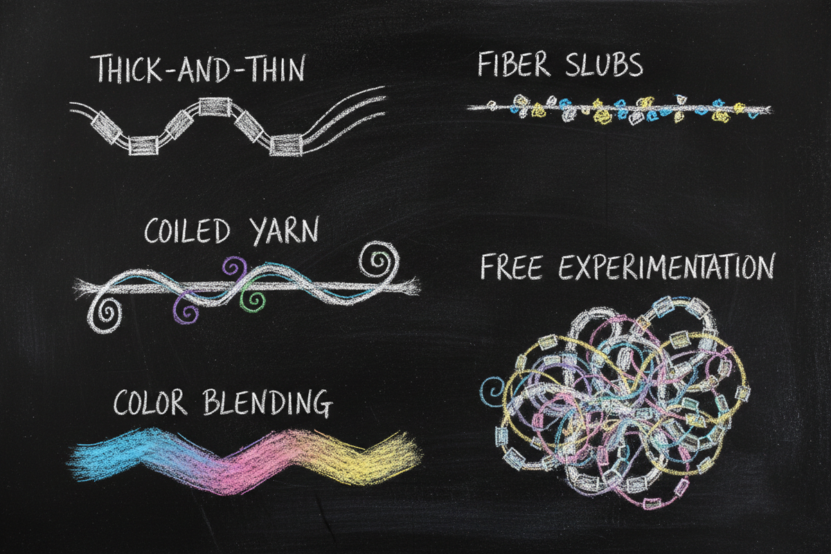 Blackboard chalk diagram showing 5 art yarn types: thick-and-thin, fiber slubs, coiled yarn, color blending, and free experimentation.