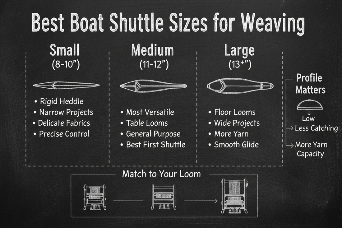 Blackboard diagram comparing boat shuttle sizes for weaving: small (8-10 inches) for rigid heddle and narrow projects, medium (11-12 inches) for versatile general use, large (13+ inches) for floor looms and wide projects