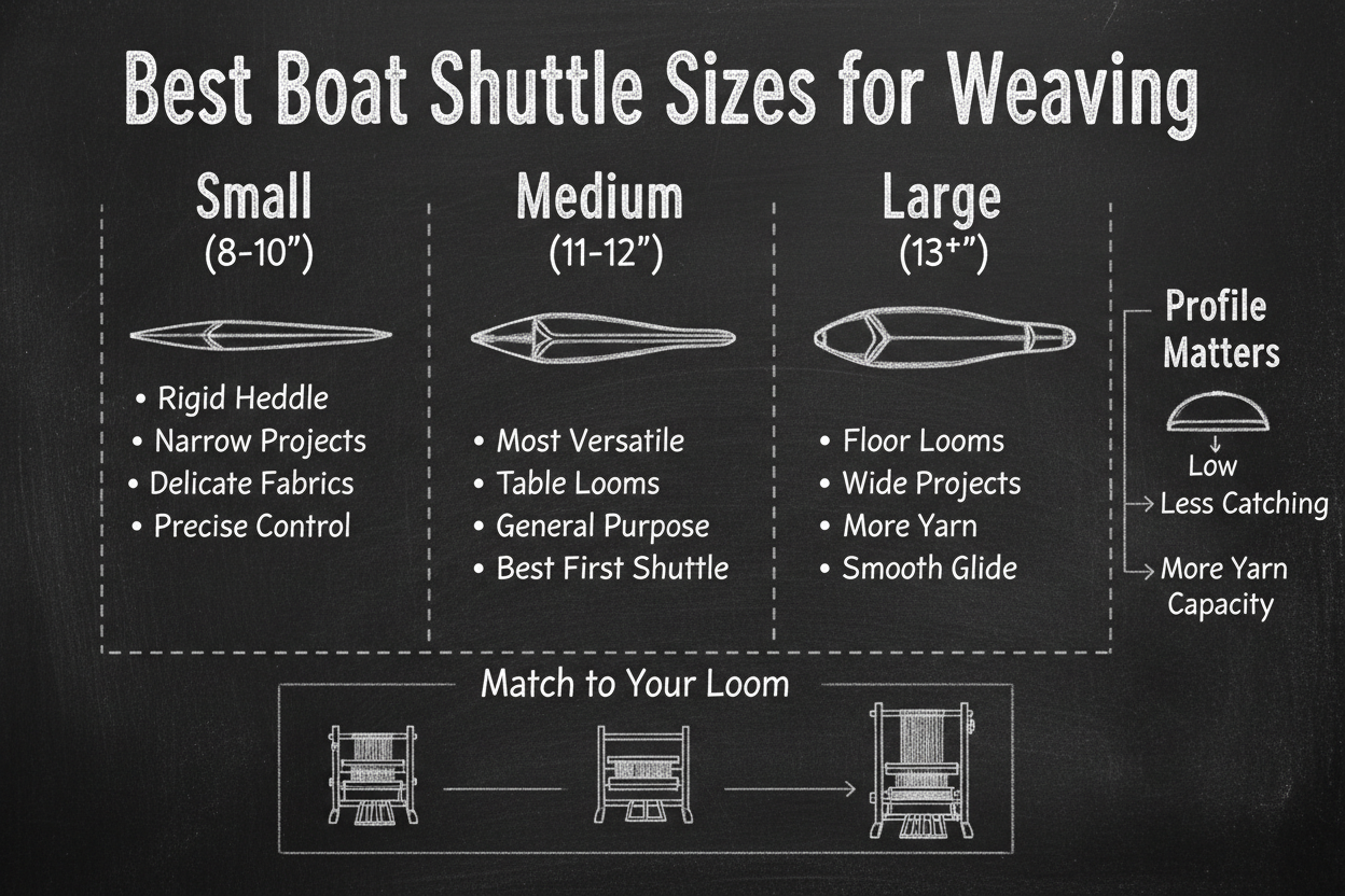 Blackboard diagram comparing boat shuttle sizes for weaving: small (8-10 inches) for rigid heddle and narrow projects, medium (11-12 inches) for versatile general use, large (13+ inches) for floor looms and wide projects