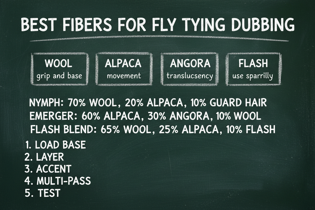 Blackboard diagram showing the best fibers for fly tying dubbing — four fiber types (wool, alpaca, angora, and flash), three blend recipes for nymphs, emergers, and flash patterns, and a five-step blending process.