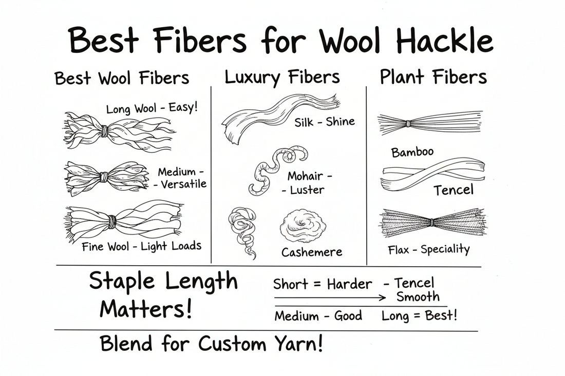 Whiteboard diagram showing best fibers for wool hackle: wool fibers (long, medium, fine), luxury fibers (silk, alpaca, mohair, cashmere), and plant fibers (bamboo, tencel, flax)