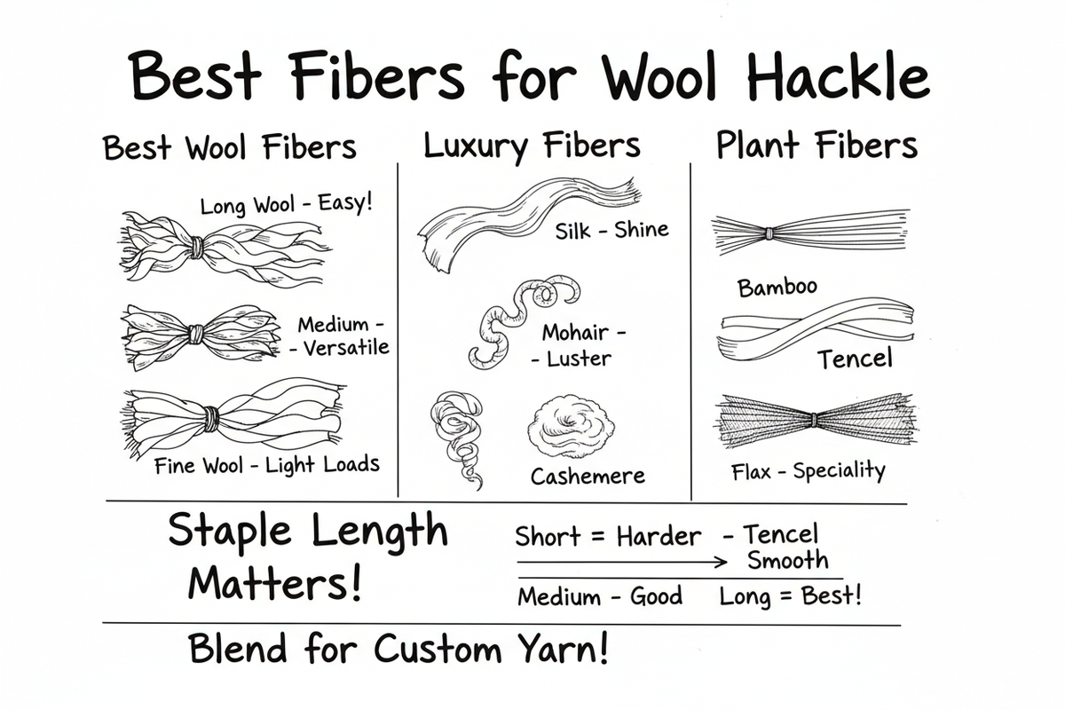 Whiteboard diagram showing best fibers for wool hackle: wool fibers (long, medium, fine), luxury fibers (silk, alpaca, mohair, cashmere), and plant fibers (bamboo, tencel, flax)