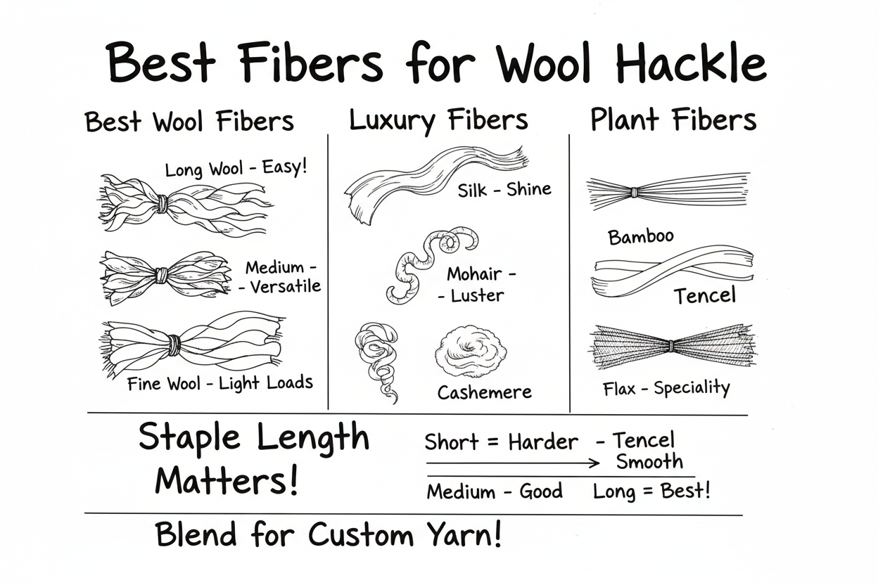 Whiteboard diagram showing best fibers for wool hackle: wool fibers (long, medium, fine), luxury fibers (silk, alpaca, mohair, cashmere), and plant fibers (bamboo, tencel, flax)