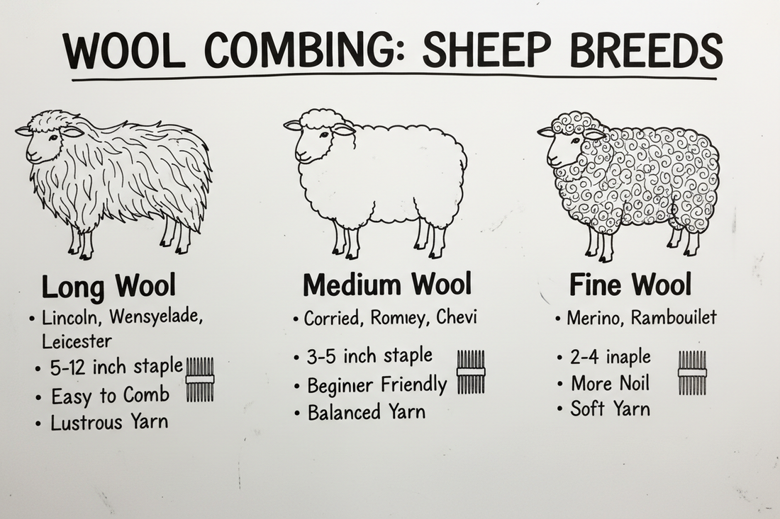 Whiteboard diagram comparing long wool, medium wool, and fine wool sheep breeds for wool combing, showing staple length and combing characteristics