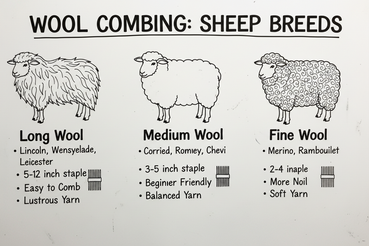 Whiteboard diagram comparing long wool, medium wool, and fine wool sheep breeds for wool combing, showing staple length and combing characteristics