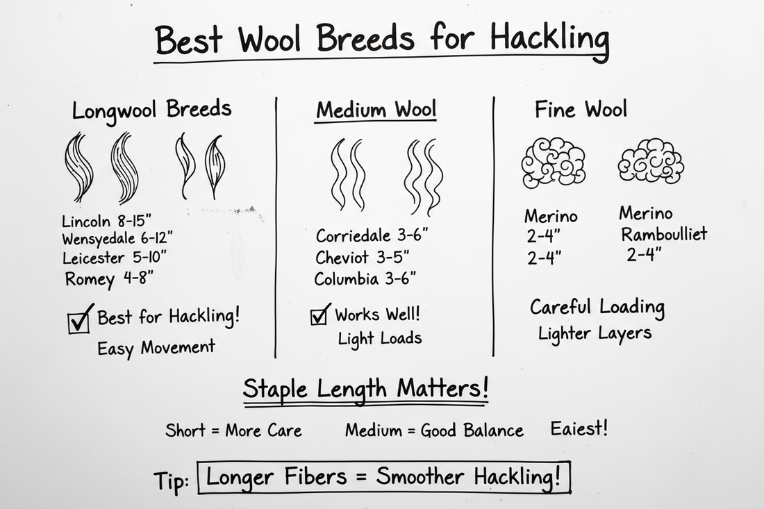 Whiteboard diagram showing best wool breeds for hackling: longwool breeds (Lincoln, Wensleydale, Leicester, Romney) work best, medium wool works well with light loads, fine wool needs careful loading