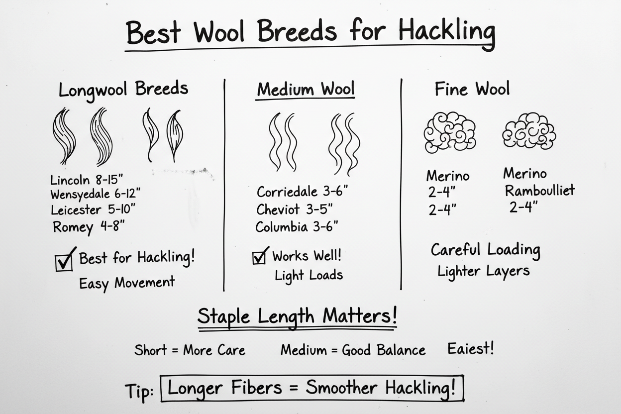 Whiteboard diagram showing best wool breeds for hackling: longwool breeds (Lincoln, Wensleydale, Leicester, Romney) work best, medium wool works well with light loads, fine wool needs careful loading