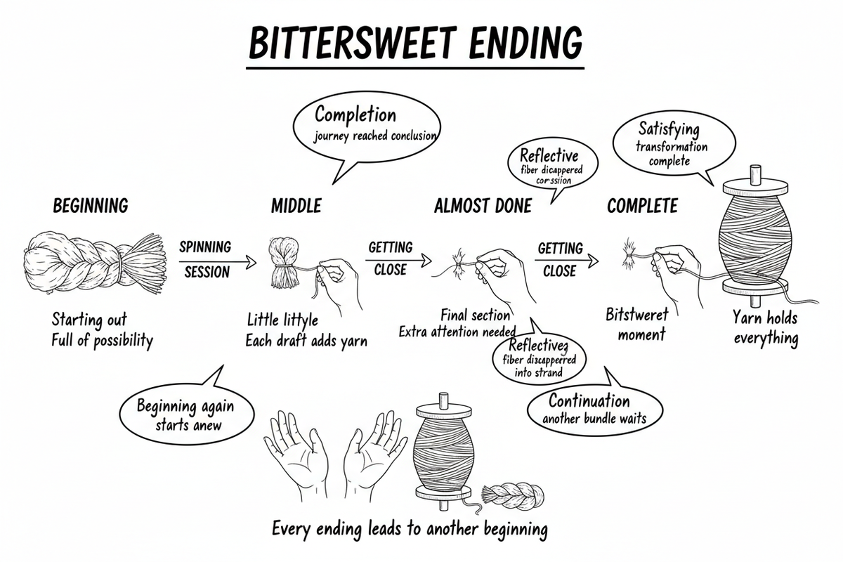 Whiteboard diagram showing eight stages of the bittersweet end of a fiber bundle — from abundant beginning through final draft, reflection, and the quiet completion when the last fiber joins the yarn