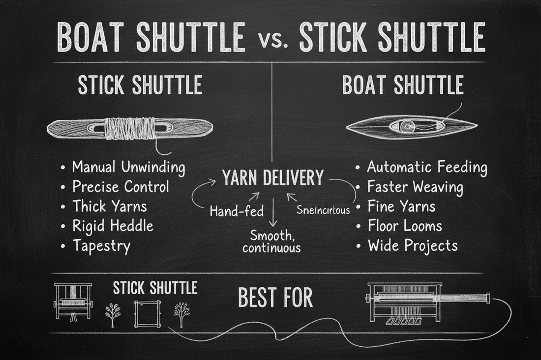 Blackboard diagram comparing boat shuttle and stick shuttle for weaving: manual versus automatic yarn feeding, yarn types, loom compatibility, and best use cases