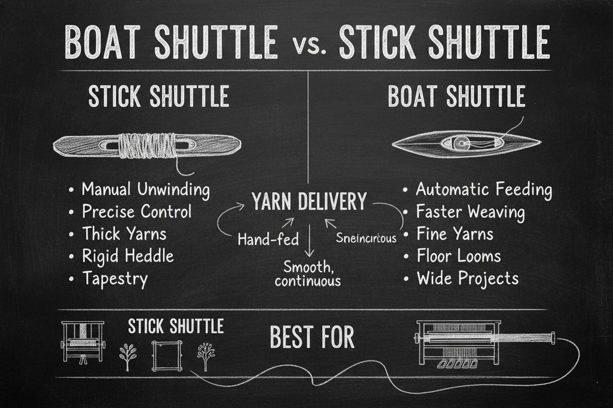 Blackboard diagram comparing boat shuttle and stick shuttle for weaving: manual versus automatic yarn feeding, yarn types, loom compatibility, and best use cases