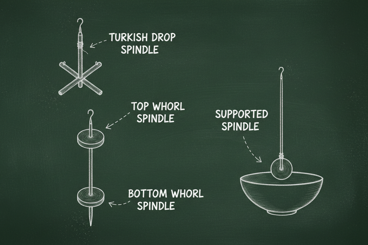 Chalkboard illustration comparing four drop spindle types: Turkish drop spindle, top whorl spindle, bottom whorl spindle, and supported spindle