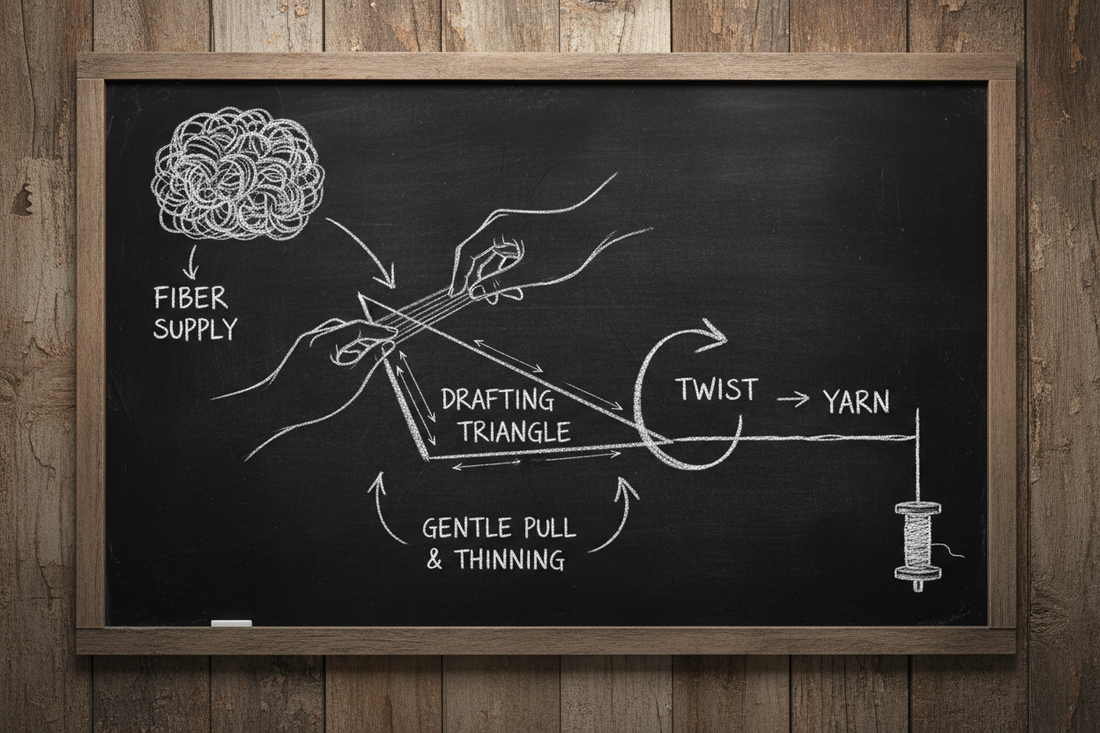 Chalkboard diagram showing hands drafting fiber with drafting triangle, fiber supply, and twist labels for spinning