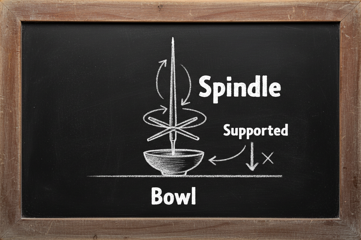 Chalkboard diagram showing Turkish drop spindle resting in bowl for supported spinning technique