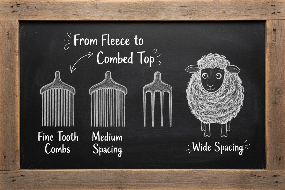 Chalkboard showing wool combs with fine tooth, medium, and wide spacing alongside a fluffy sheep illustrating fiber preparation
