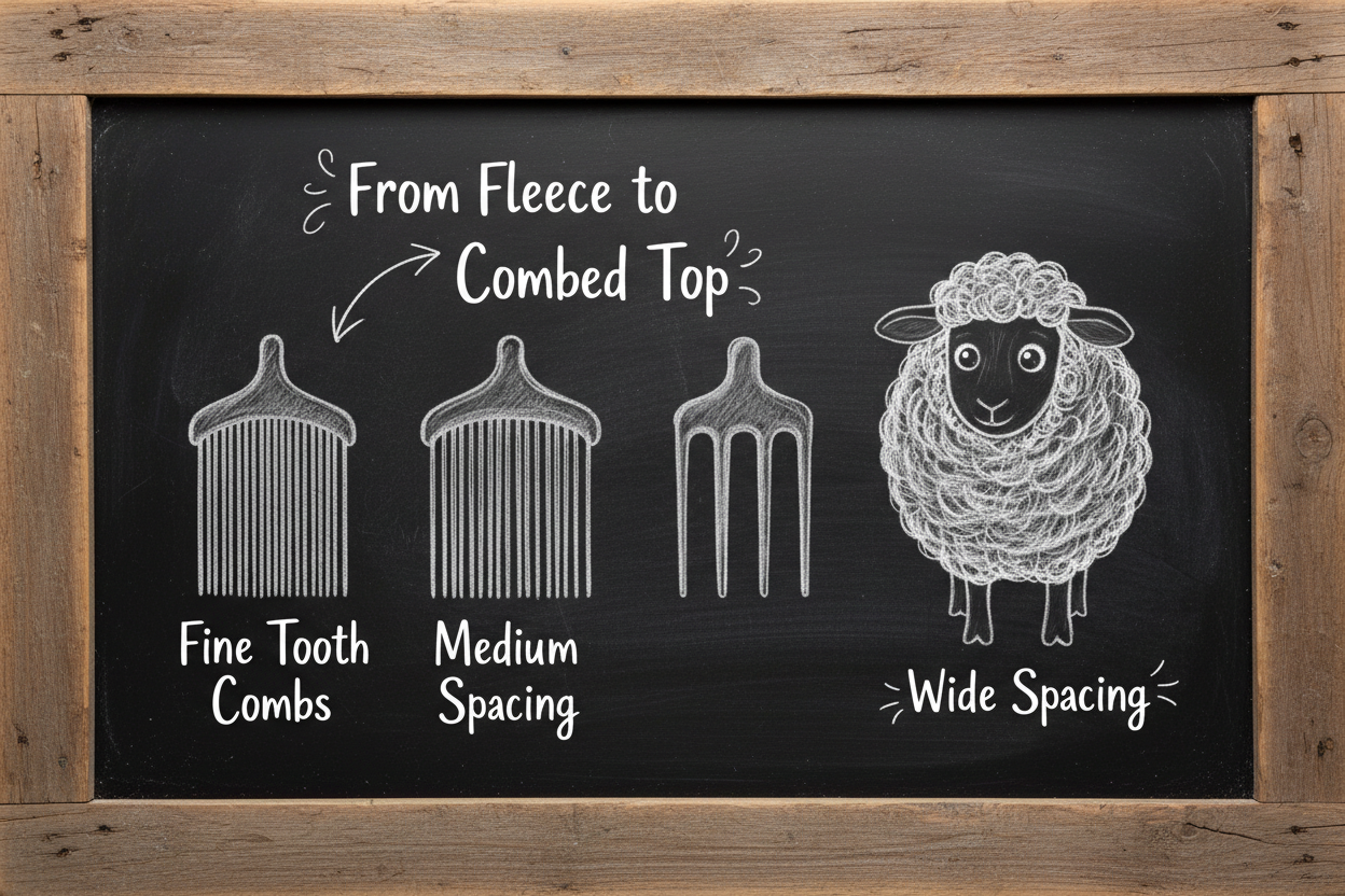 Chalkboard showing wool combs with fine tooth, medium, and wide spacing alongside a fluffy sheep illustrating fiber preparation