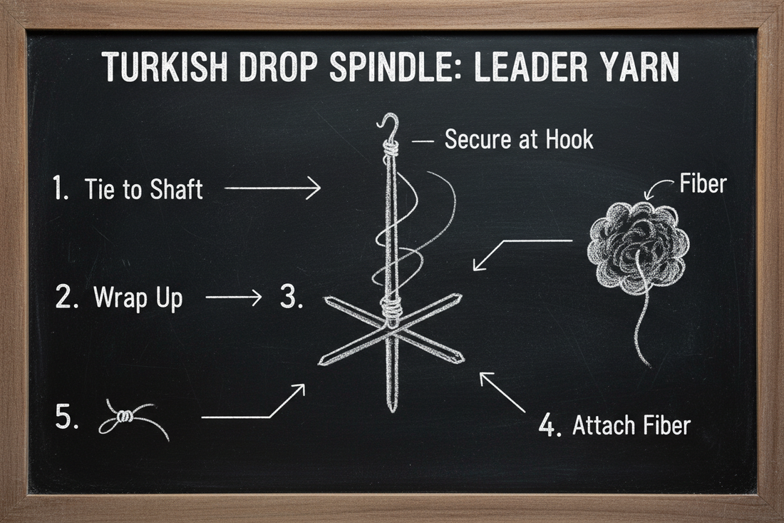 Chalkboard step-by-step diagram showing how to attach leader yarn to Turkish drop spindle with numbered steps and arrows