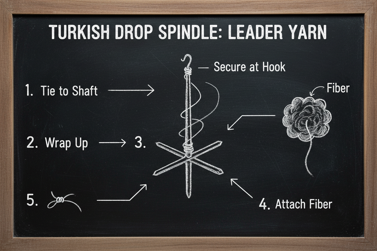 Chalkboard step-by-step diagram showing how to attach leader yarn to Turkish drop spindle with numbered steps and arrows