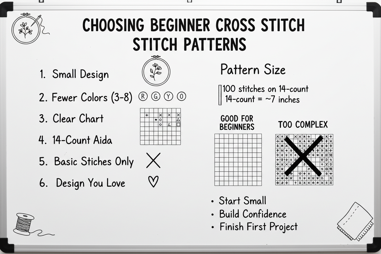 Whiteboard diagram showing how to choose beginner cross stitch patterns: small designs, 3-8 colors, clear symbol charts, 14-count Aida fabric, basic stitches only, and choosing inspiring designs