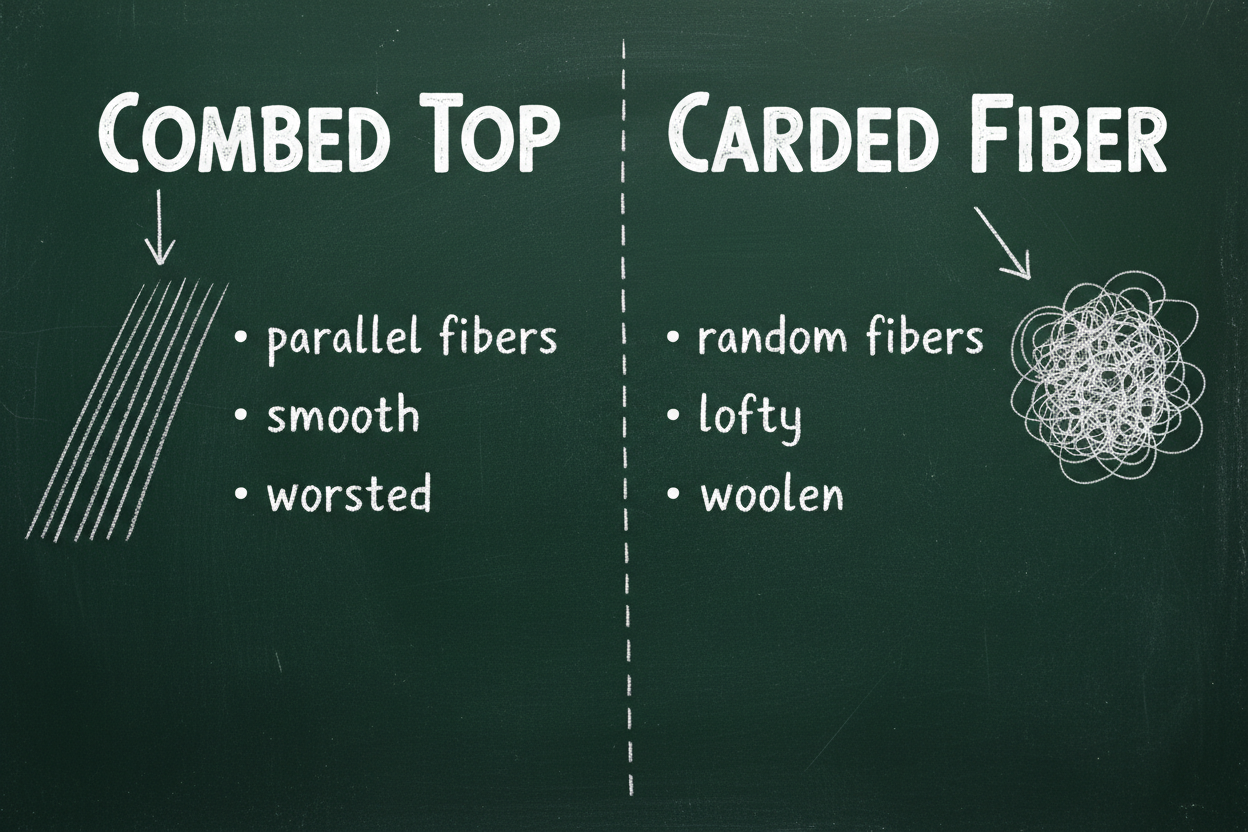 Whiteboard diagram comparing combed top (parallel aligned fibers for smooth worsted yarn) vs carded fiber (random oriented fibers for soft woolen yarn)