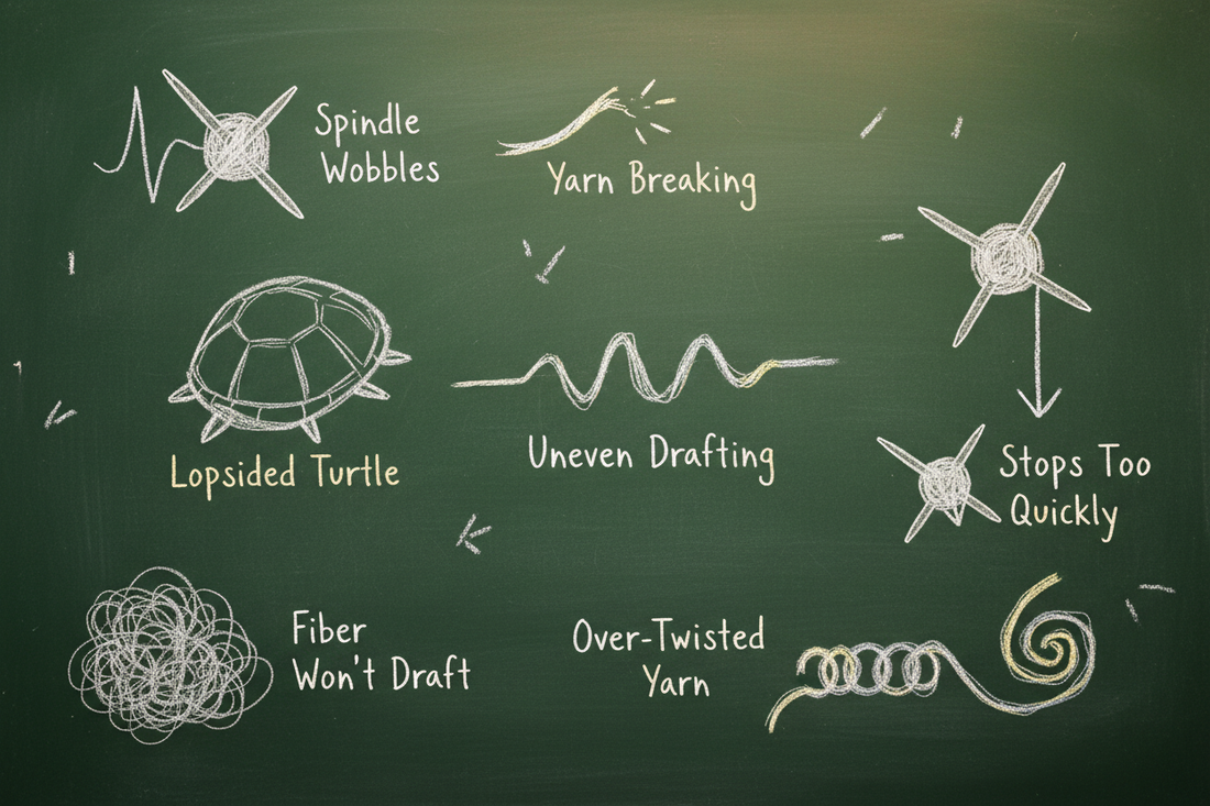 Blackboard illustration with chalk sketches randomly scattered showing seven common Turkish drop spindle problems: spindle wobbles, yarn breaking, lopsided turtle, uneven drafting, over-twisted yarn, stops too quickly, and fiber won't draft"