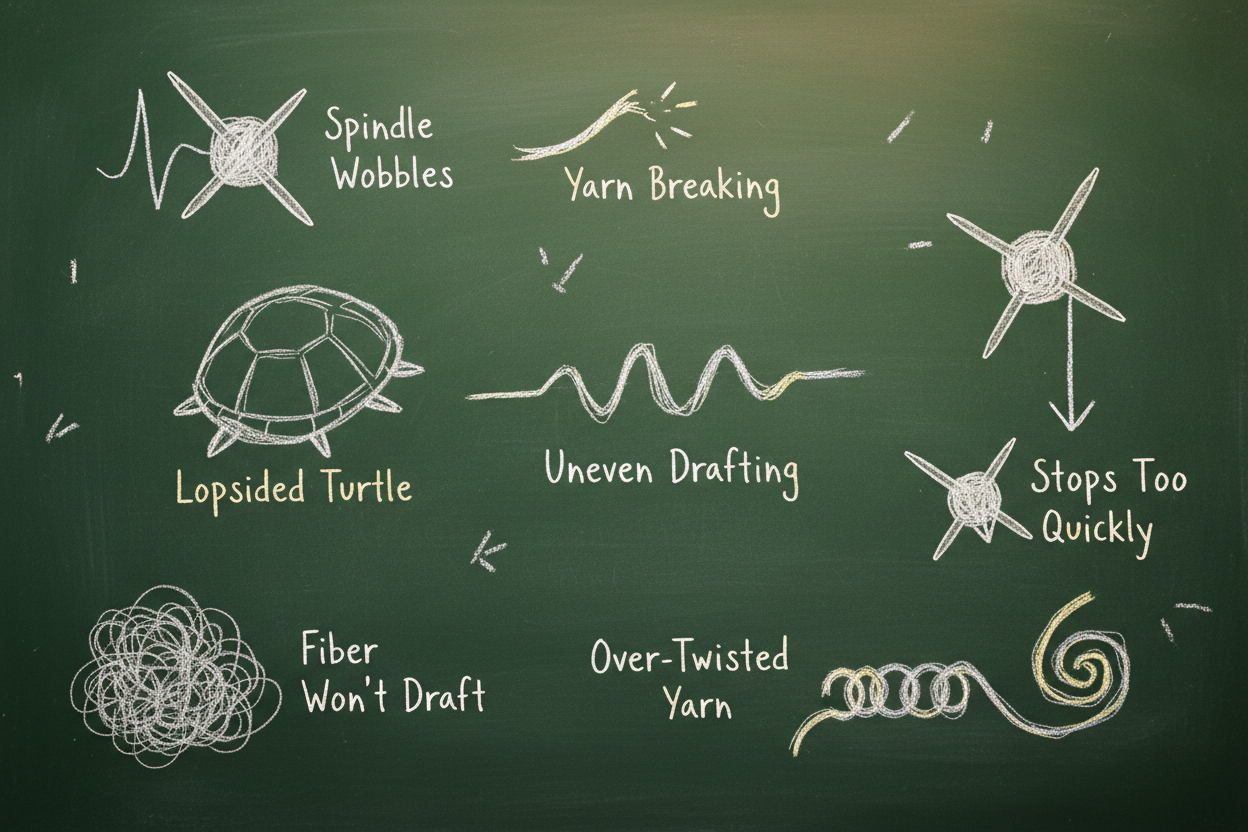 Blackboard illustration with chalk sketches randomly scattered showing seven common Turkish drop spindle problems: spindle wobbles, yarn breaking, lopsided turtle, uneven drafting, over-twisted yarn, stops too quickly, and fiber won't draft"