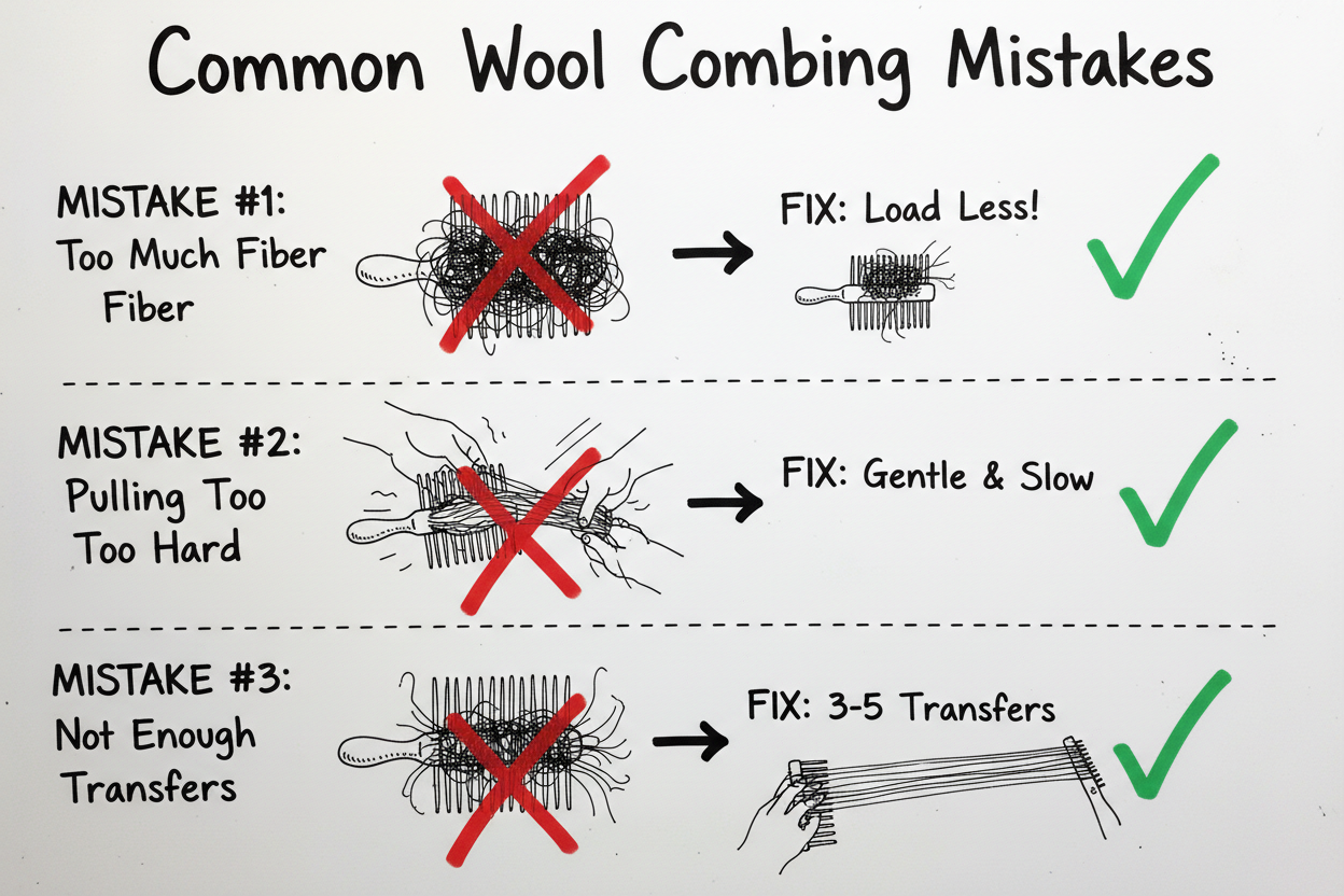 Whiteboard diagram showing three common wool combing mistakes and their fixes: overloading (load less), pulling too hard (gentle and slow), and insufficient transfers (3-5 transfers)