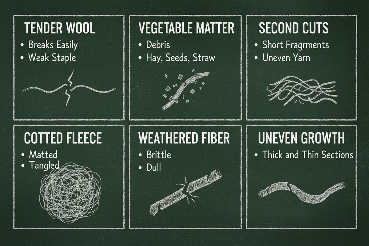 Chalkboard diagram showing common wool defects: tender wool, cotted fleece, vegetable matter, second cuts, weathered fiber, and uneven growth