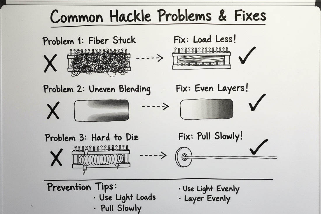 Whiteboard diagram showing three common wool hackle problems and their fixes: fiber stuck (load less), uneven blending (even layers), and hard to diz (pull slowly)