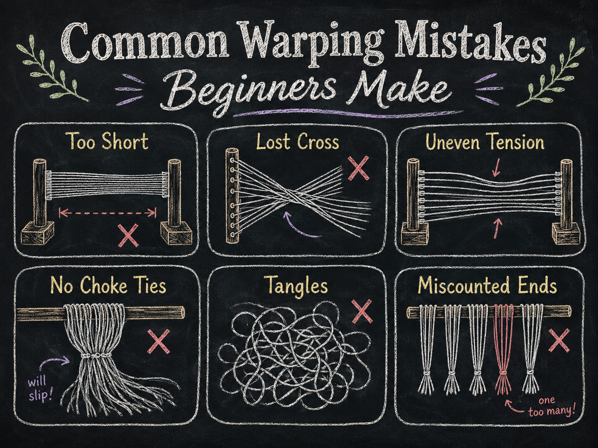 Chalkboard-style illustration showing common beginner warping mistakes, including lost crosses, uneven tension, missing choke ties, and measuring warp length too short.
