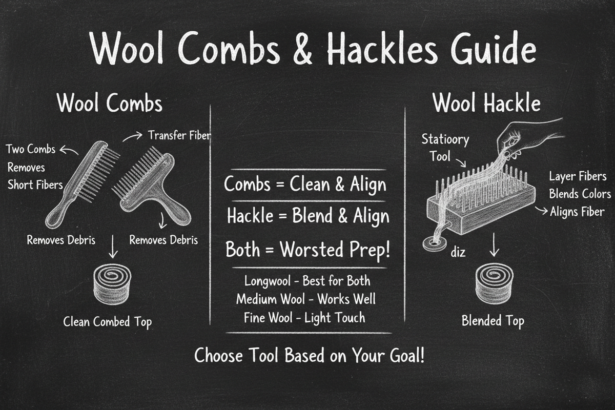 Chalkboard diagram showing complete guide to wool combs (two tools that transfer fiber and remove debris) vs wool hackle (stationary tool for blending and aligning fiber)