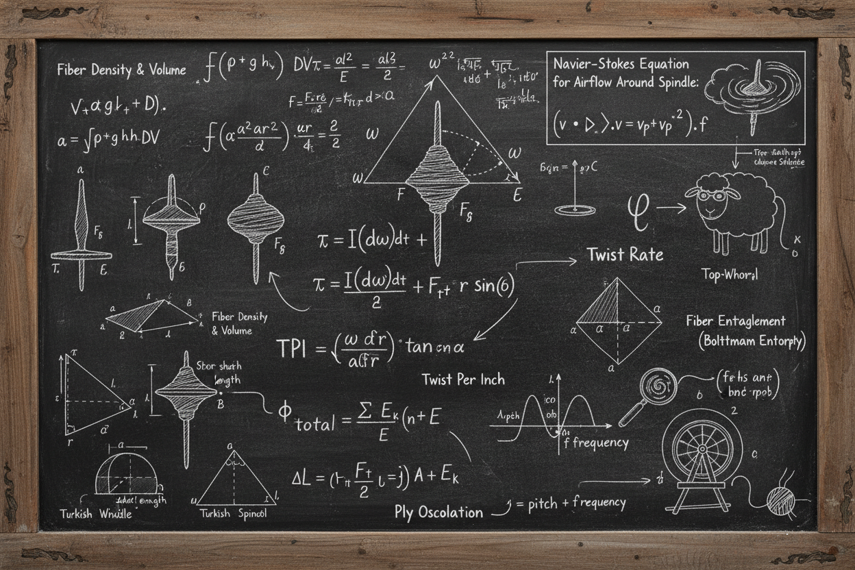 Chalkboard filled with complex mathematical formulas and equations humorously illustrating drop spindle spinning for beginners