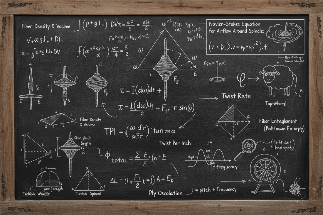 Chalkboard filled with complex mathematical formulas and equations humorously illustrating drop spindle spinning for beginners